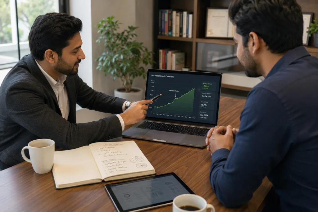 "Business growth consultant analyzing revenue growth strategy with entrepreneur during strategic planning consultation session"