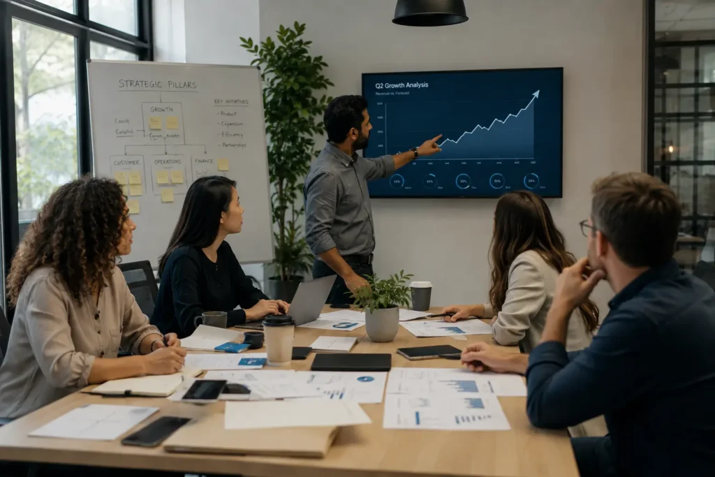 Professional business team collaborating on scaling strategies with growth charts displayed on monitor. Modern office setting captures the collaborative nature of successful business expansion planning.