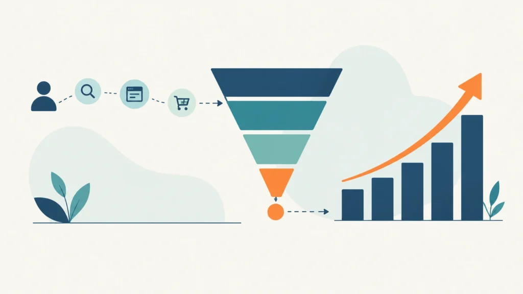 Illustration of a business growth marketing funnel showing customer journey stages leading to an upward growth curve