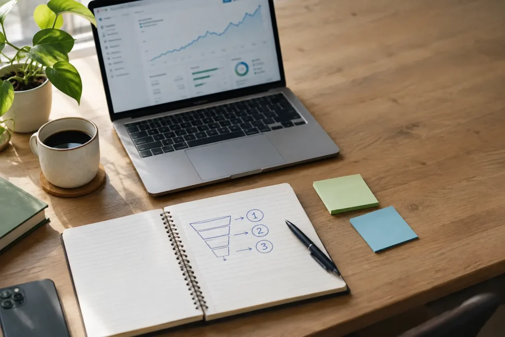 Business owner's desk with a funnel sketch and analytics dashboard used to find a growth bottleneck